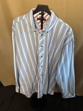 Tommy Hilfiger Men’s Blue and White Multi-Stripe Dress Shirt